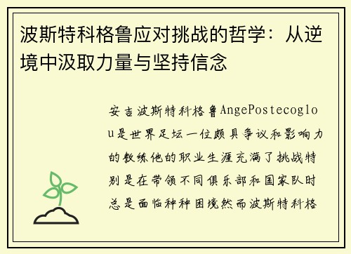 波斯特科格鲁应对挑战的哲学:从逆境中汲取力量与坚持信念 波斯特科格鲁应对挑战的哲学:从逆境中汲取力量与坚持信念